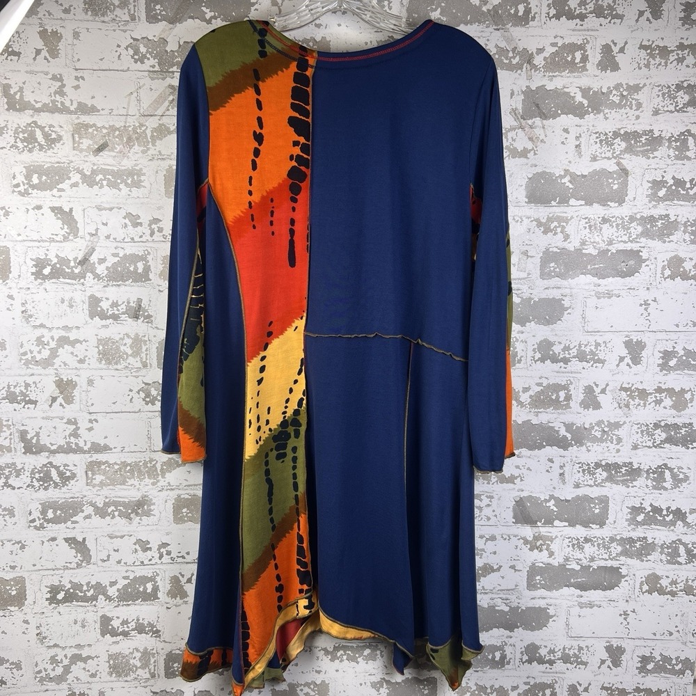 Parsley & Sage Tunic Shirt/Dress Sz L Wearable Art Blue Patchwork Sharkbite Hem - Picture 4 of 14